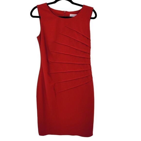 Calvin Klein Sleeveless Sheath Dress 6 Red Starburst Ruched Tea Length Holiday - Picture 5 of 12